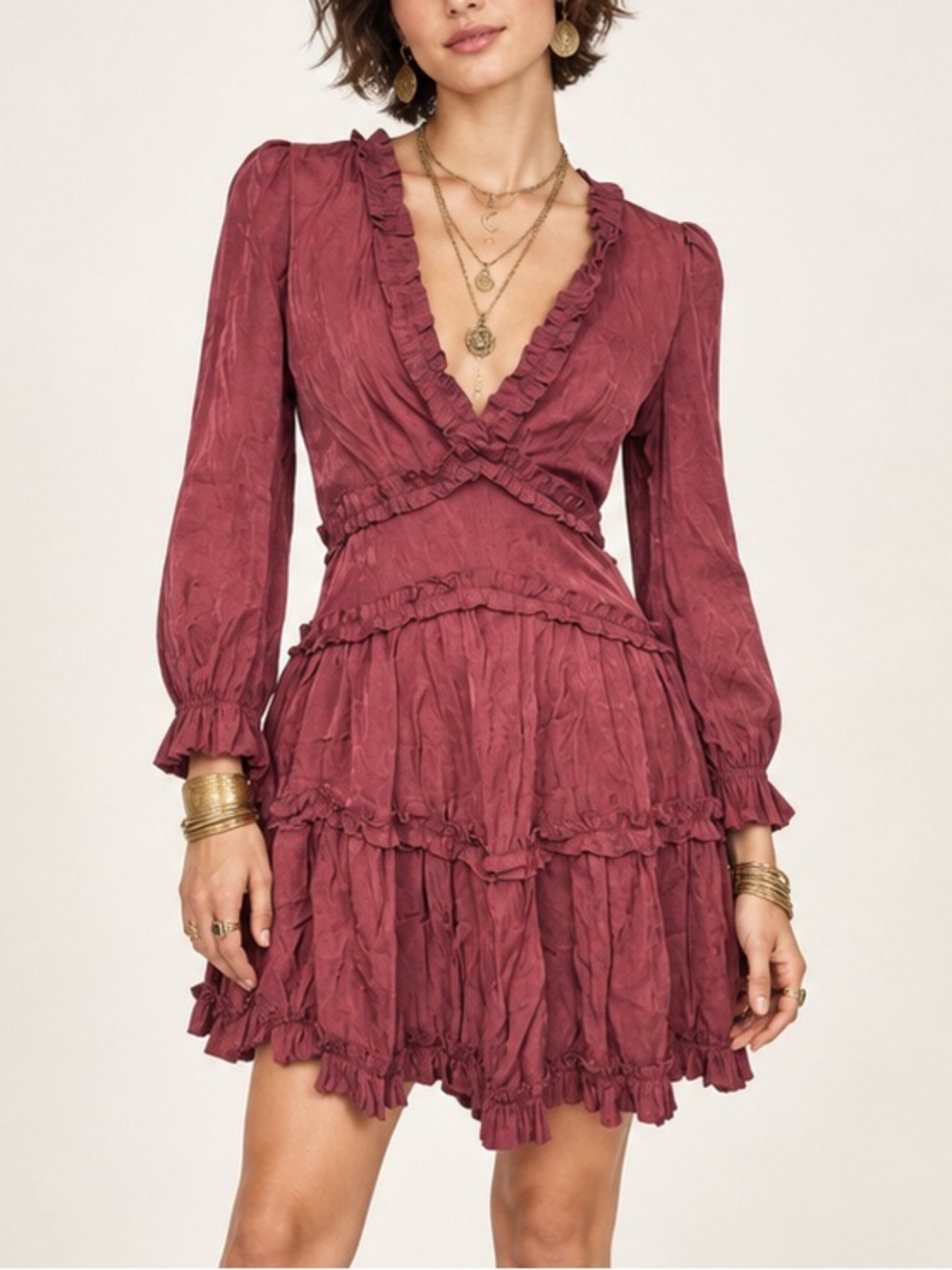 Mable Burgundy Ruffled Mini Dress Boho Romantic Long Sleeve Flowy Deep V | Small